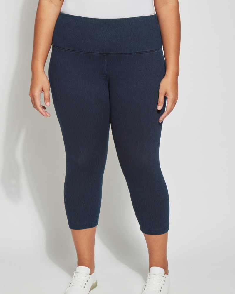 Front of a model wearing a size 3X Denim Capri in Indigo by Lysse. | dia_product_style_image_id:299127